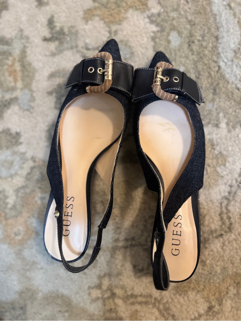 GUESS Black Pointed Slingback Mules with Buckle Accent